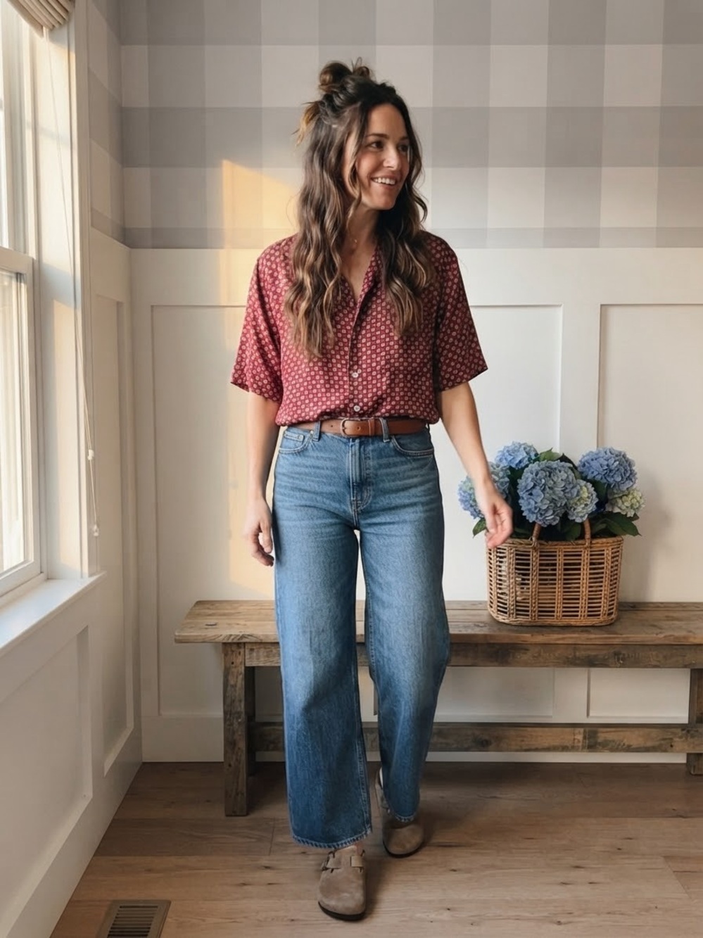 Vintage Silk Addiction Burgundy Printed Short-Sleeve Button-Up Blouse
